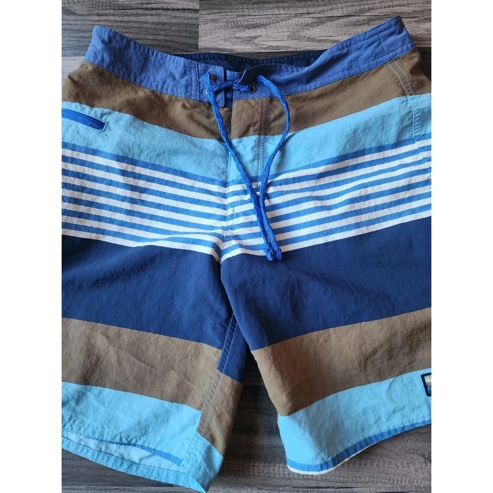 PATAGONIA WAVEFARER BOARD SHORTS MENS SIZE 30 19" STRIPED BLUE BROWN SWIM TRUNKS - Picture 3 of 7